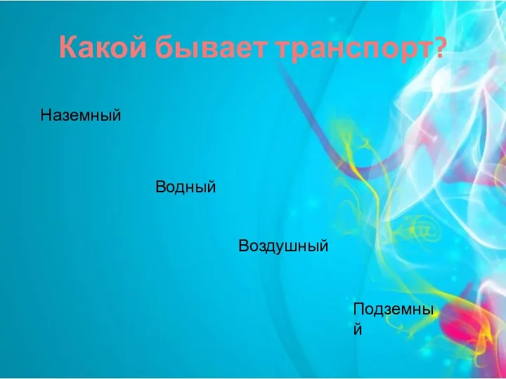 Какой бывает транспорт? Наземный Водный Воздушный Подземный