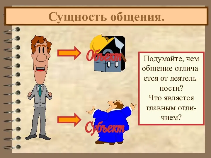 Сущность общения. Подумайте, чем общение отлича- ется от деятель- ности? Что является главным отли- чием?