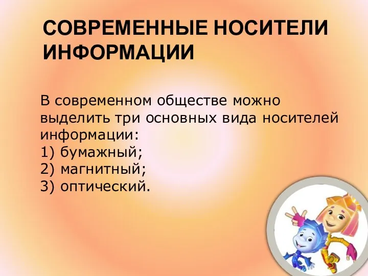 Современные носители информации В современном обществе можно выделить три основных