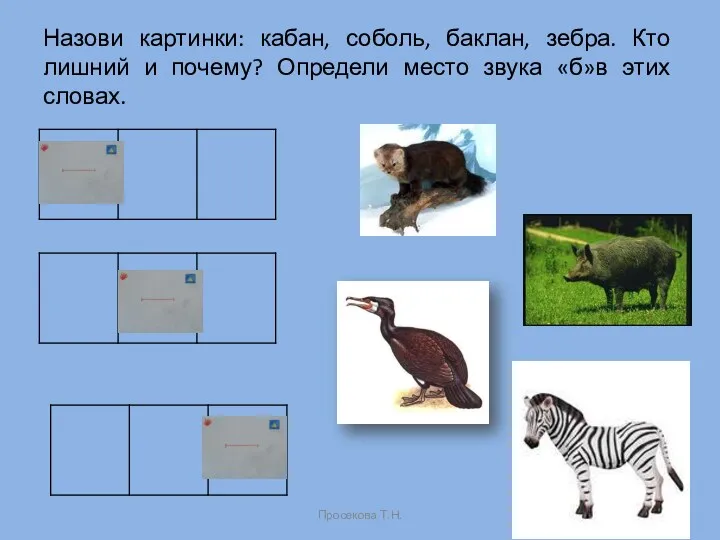 Назови картинки: кабан, соболь, баклан, зебра. Кто лишний и почему?