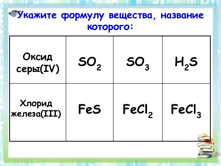 Укажите формулу вещества, название которого: FeCl3 FeCl2 FeS Хлорид железа(III) H2S SO3 SO2 Оксид серы(IV)