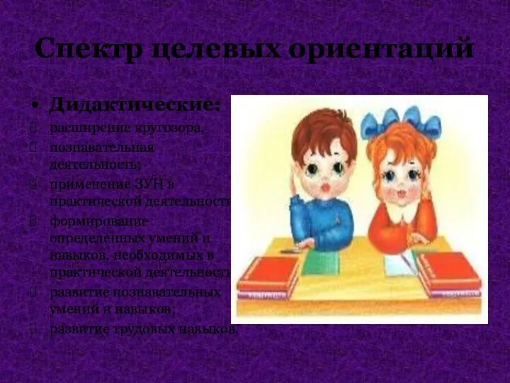 Спектр целевых ориентаций • Дидактические: расширение кругозора, познавательная деятельность; применение