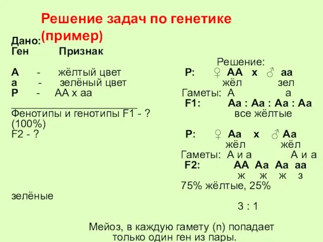 Дано: Ген Признак Решение: А - жёлтый цвет Р: ♀