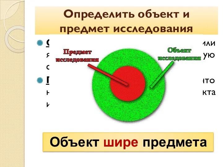 Определить объект и предмет исследования Объект исследования – процесс или