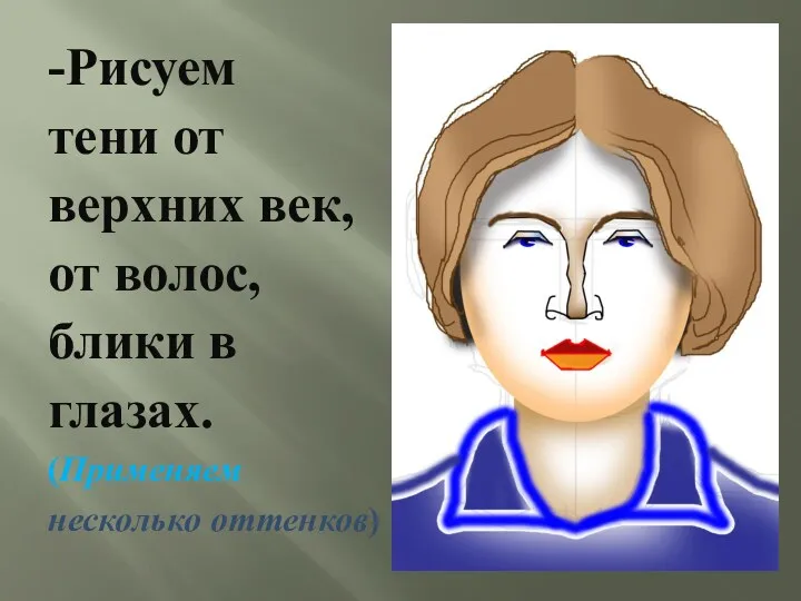 -Рисуем тени от верхних век, от волос, блики в глазах. (Применяем несколько оттенков)