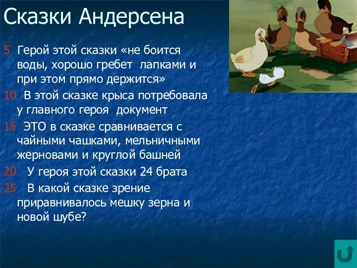 Сказки Андерсена 5 Герой этой сказки «не боится воды, хорошо