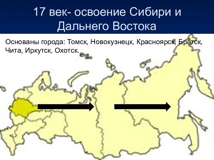 17 век- освоение Сибири и Дальнего Востока Основаны города: Томск, Новокузнецк, Красноярск, Братск, Чита, Иркутск, Охотск.