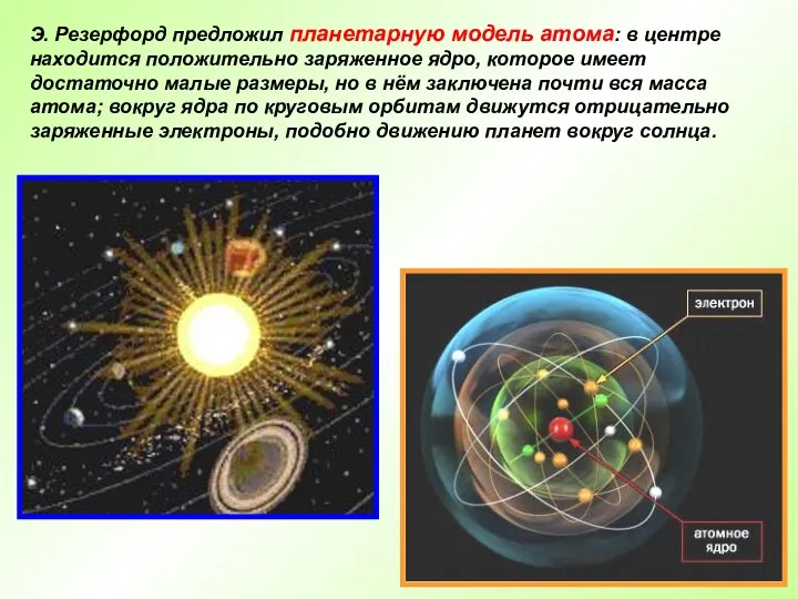 Э. Резерфорд предложил планетарную модель атома: в центре находится положительно