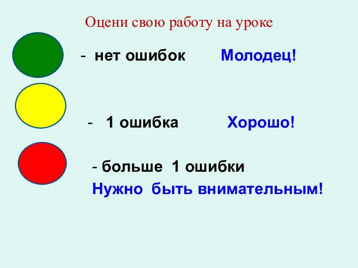 Оцени свою работу на уроке - нет ошибок Молодец! -