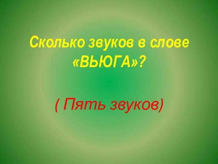 Сколько звуков в слове «ВЬЮГА»? ( Пять звуков)