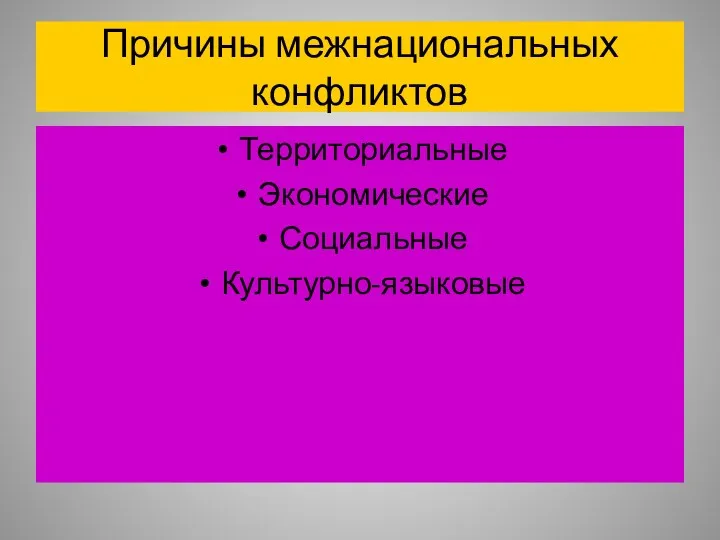 Причины межнациональных конфликтов Территориальные Экономические Социальные Культурно-языковые