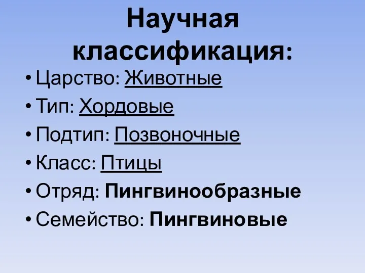 Научная классификация: Царство: Животные Тип: Хордовые Подтип: Позвоночные Класс: Птицы Отряд: Пингвинообразные Семейство: Пингвиновые