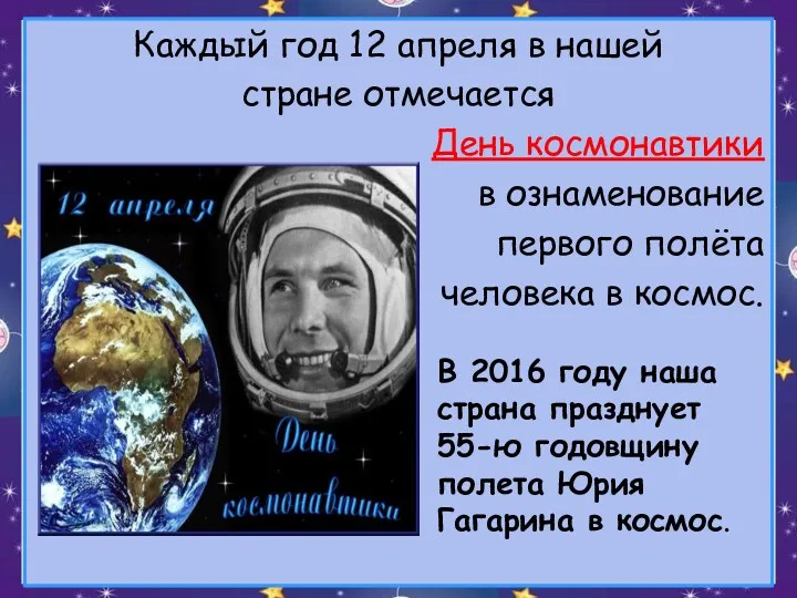 Каждый год 12 апреля в нашей стране отмечается День космонавтики
