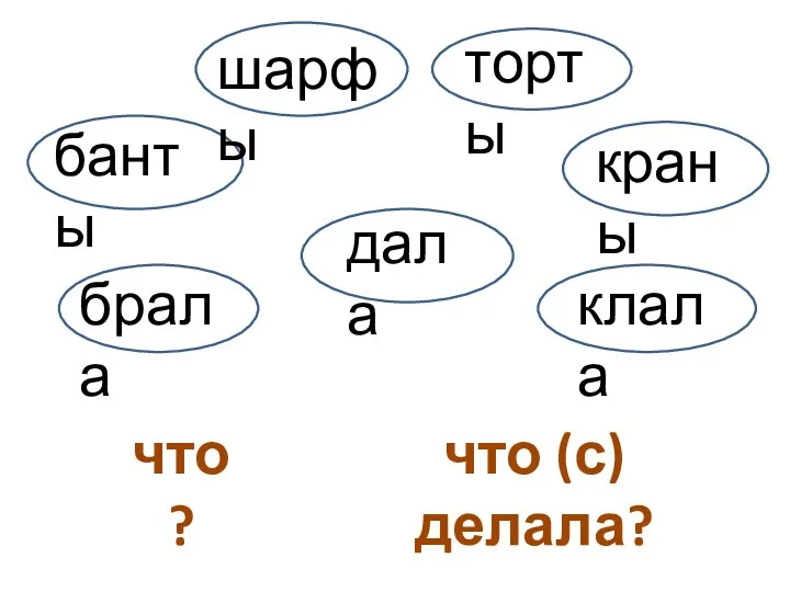 банты шарфы торты краны брала дала клала что? что (с)делала?