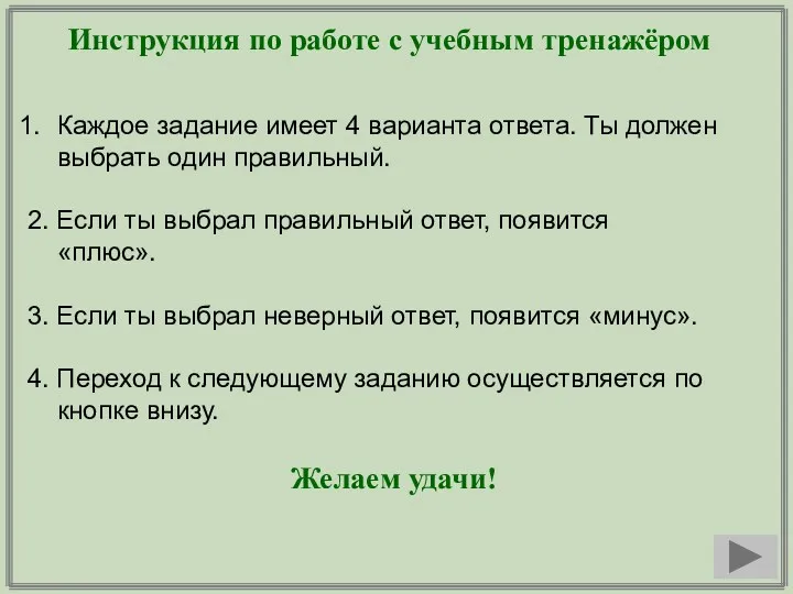 Инструкция по работе с учебным тренажёром Каждое задание имеет 4