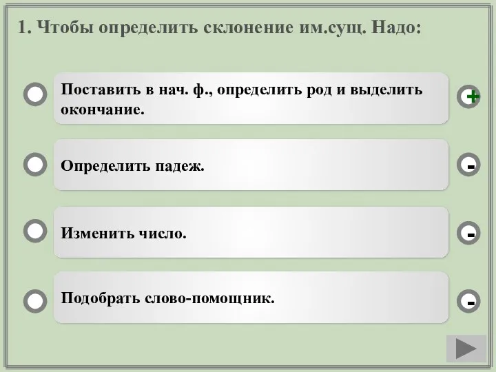 1. Чтобы определить склонение им.сущ. Надо: Поставить в нач. ф.,