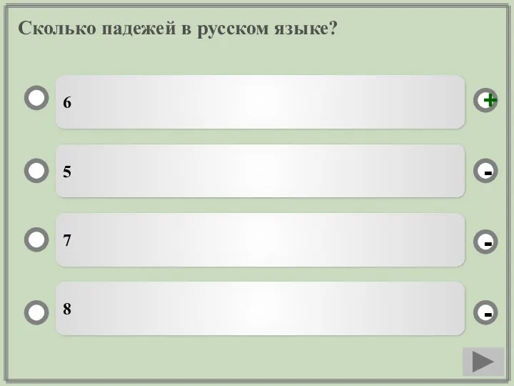 Сколько падежей в русском языке? 6 5 7 8 - - + -