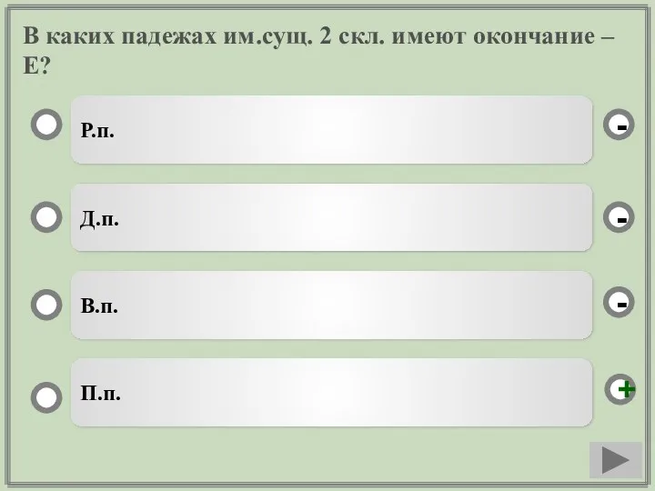 В каких падежах им.сущ. 2 скл. имеют окончание –Е? Р.п.