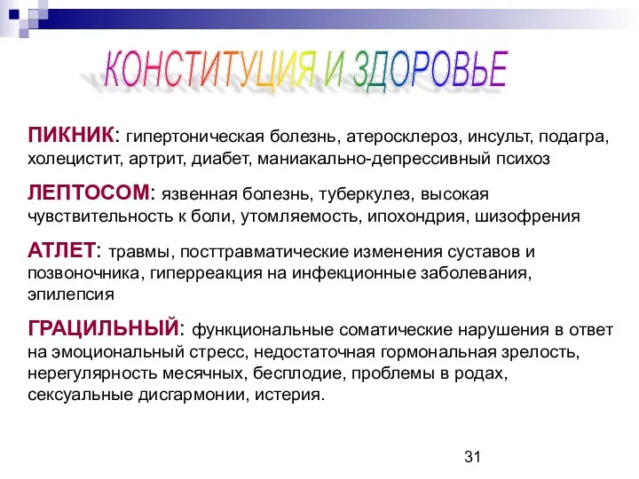 ПИКНИК: гипертоническая болезнь, атеросклероз, инсульт, подагра, холецистит, артрит, диабет, маниакально-депрессивный