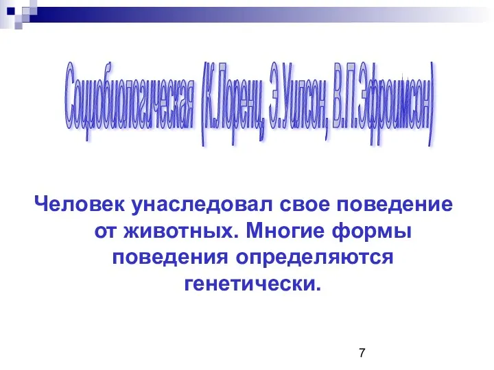 Человек унаследовал свое поведение от животных. Многие формы поведения определяются генетически. Социобиологическая (К.Лоренц, Э.Уилсон, В.П.Эфроимсон)