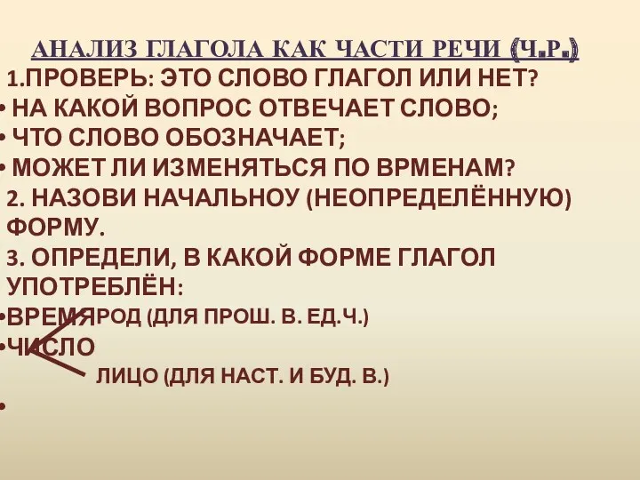 АНАЛИЗ ГЛАГОЛА КАК ЧАСТИ РЕЧИ (Ч.Р.) 1.ПРОВЕРЬ: ЭТО СЛОВО ГЛАГОЛ