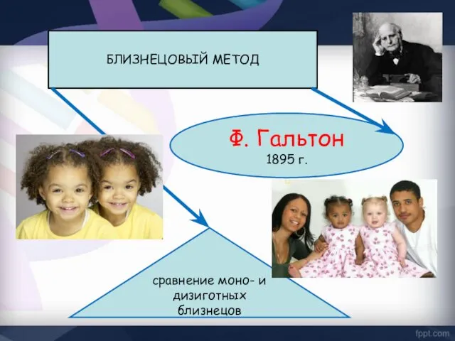 БЛИЗНЕЦОВЫЙ МЕТОД Ф. Гальтон 1895 г. сравнение моно- и дизиготных близнецов