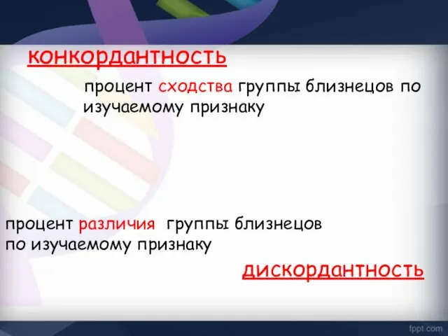 конкордантность процент сходства группы близнецов по изучаемому признаку дискордантность процент различия группы близнецов по изучаемому признаку