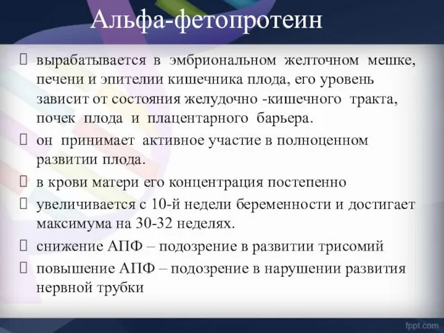 вырабатывается в эмбриональном желточном мешке, печени и эпителии кишечника плода,