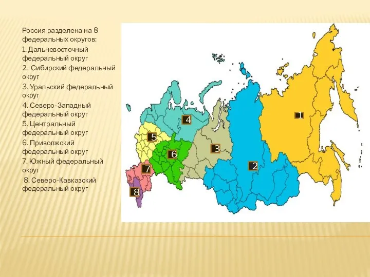 Россия разделена на 8 федеральных округов: 1. Дальневосточный федеральный округ