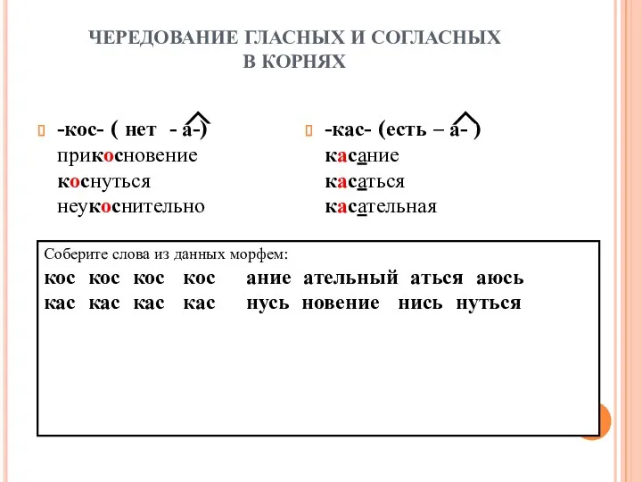 ЧЕРЕДОВАНИЕ ГЛАСНЫХ И СОГЛАСНЫХ В КОРНЯХ -кос- ( нет -