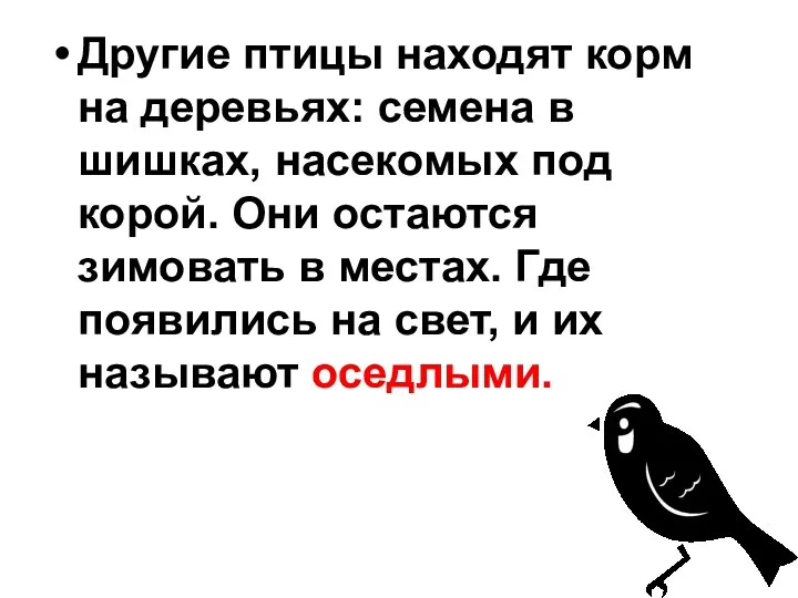 Другие птицы находят корм на деревьях: семена в шишках, насекомых под корой. Они