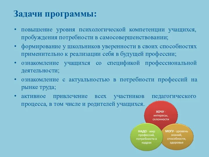 Задачи программы: повышение уровня психологической компетенции учащихся, пробуждения потребности в самосовершенствовании; формирование у