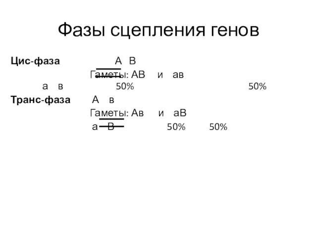 Фазы сцепления генов Цис-фаза А В Гаметы: АВ и ав а в 50%