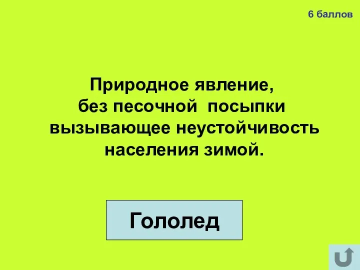 6 баллов Гололед Природное явление, без песочной посыпки вызывающее неустойчивость населения зимой.