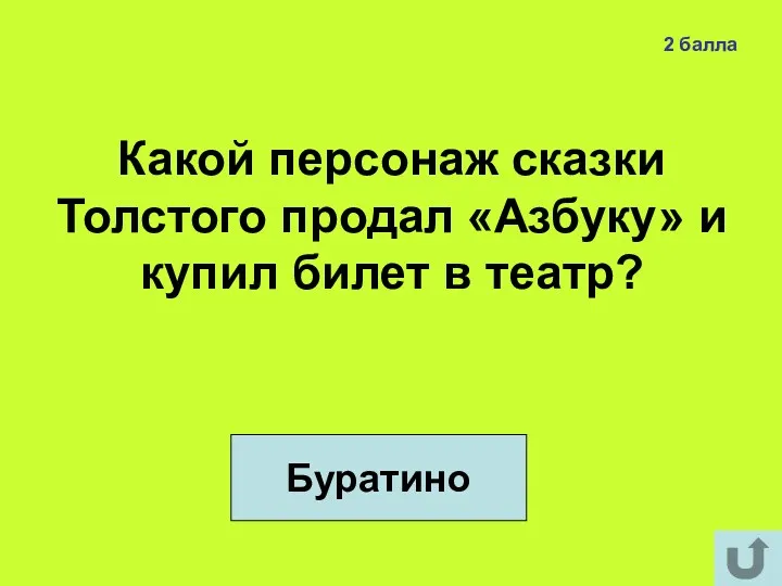 Какой персонаж сказки Толстого продал «Азбуку» и купил билет в театр? Буратино 2 балла