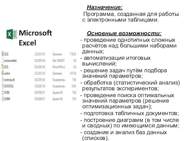 Microsoft Excel Назначение: Программа, созданная для работы с электронными таблицами. Основные возможности: -