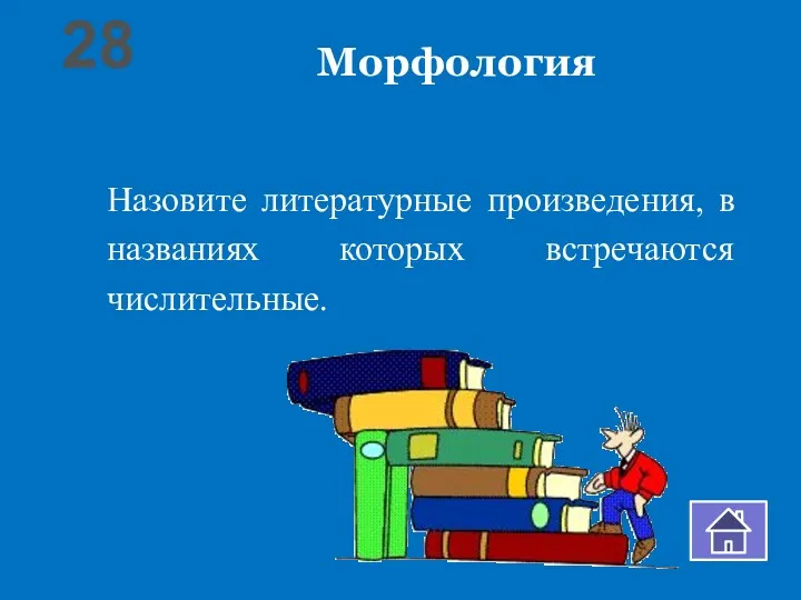 Морфология Назовите литературные произведения, в названиях которых встречаются числительные. 28
