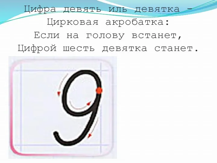 Цифра девять иль девятка - Цирковая акробатка: Если на голову встанет, Цифрой шесть девятка станет.