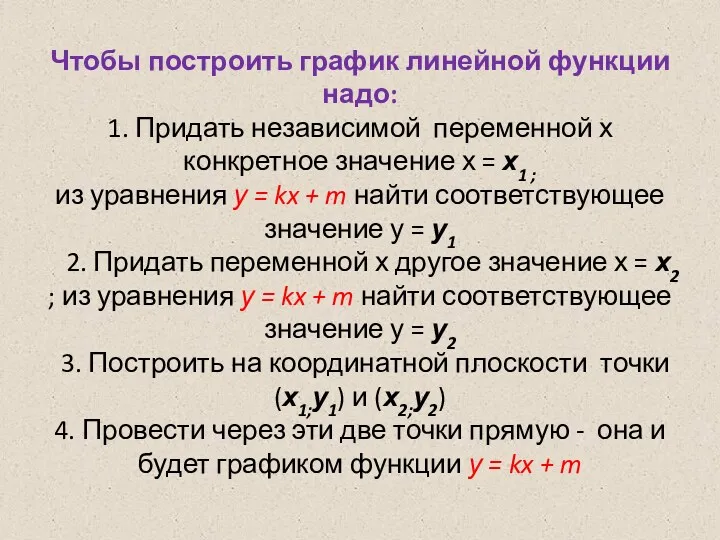 Чтобы построить график линейной функции надо: 1. Придать независимой переменной