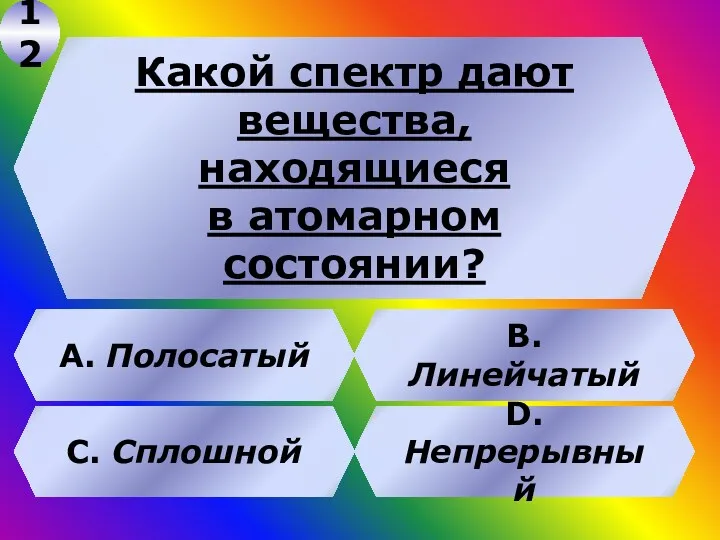 Какой спектр дают вещества, находящиеся в атомарном состоянии? В. Линейчатый