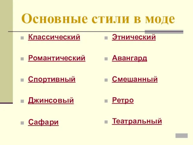 Основные стили в моде Классический Романтический Спортивный Джинсовый Сафари Этнический Авангард Смешанный Ретро Театральный