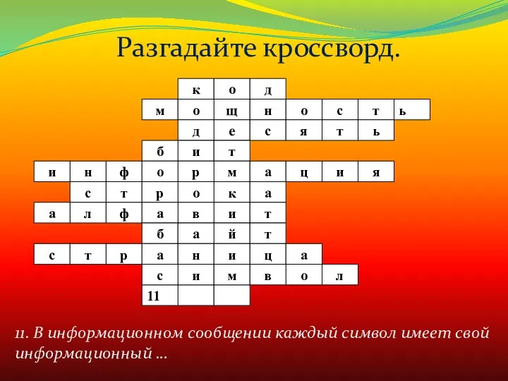 11. В информационном сообщении каждый символ имеет свой информационный … Разгадайте кроссворд.