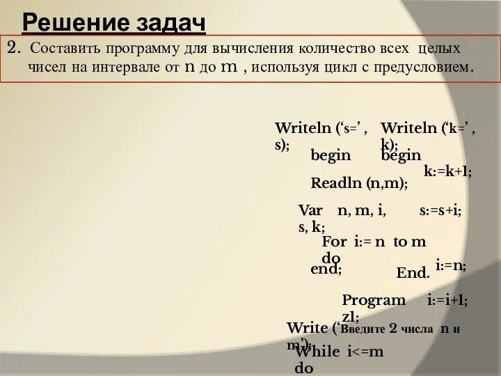 Решение задач 2. Составить программу для вычисления количество всех целых