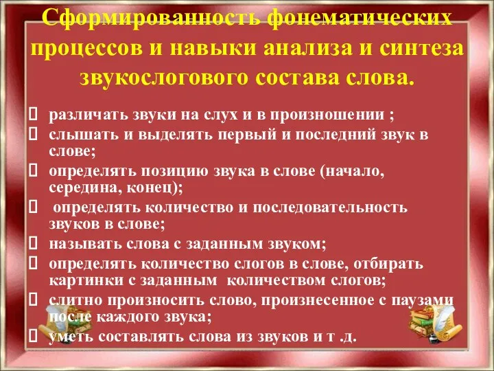 Сформированность фонематических процессов и навыки анализа и синтеза звукослогового состава