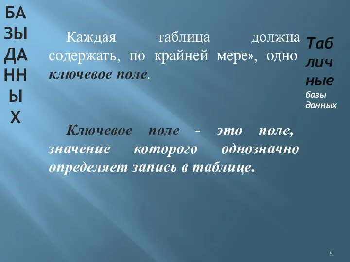 БАЗЫ ДАННЫХ Каждая таблица должна содержать, по крайней мере», одно