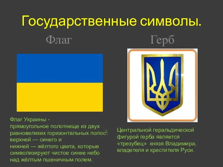 Государственные символы. Флаг Украины - прямоугольное полотнище из двух равновеликих