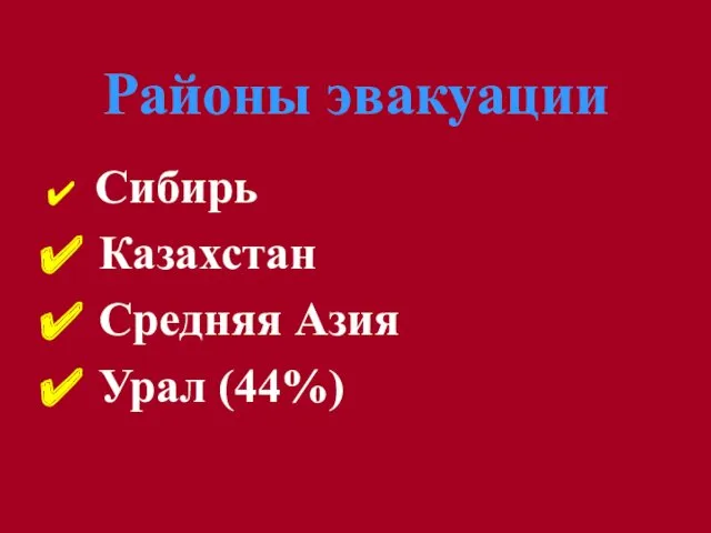 Районы эвакуации Сибирь Казахстан Средняя Азия Урал (44%)