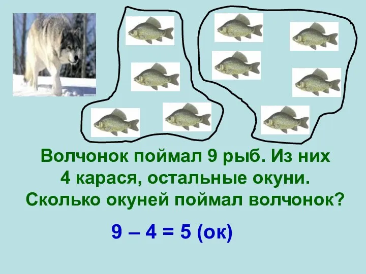 Волчонок поймал 9 рыб. Из них 4 карася, остальные окуни.