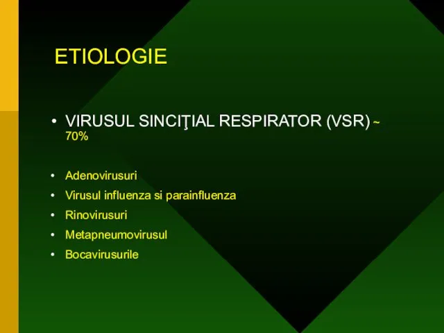 ETIOLOGIE VIRUSUL SINCIŢIAL RESPIRATOR (VSR) ~ 70% Adenovirusuri Virusul influenza si parainfluenza Rinovirusuri Metapneumovirusul Bocavirusurile