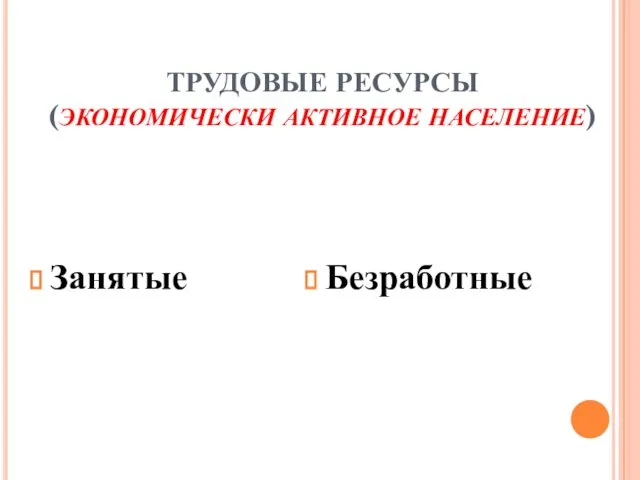 ТРУДОВЫЕ РЕСУРСЫ (ЭКОНОМИЧЕСКИ АКТИВНОЕ НАСЕЛЕНИЕ) Занятые Безработные